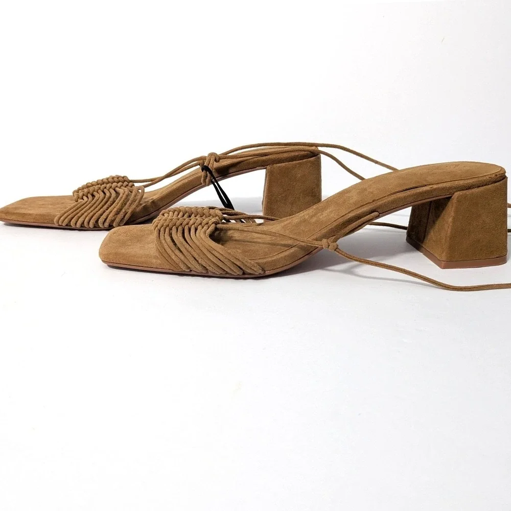 ZARA Lace Up Block Heel Sandals Brown Faux Suede Square Toe Strappy Sz 41 / 10.5 - Picture 6 of 14